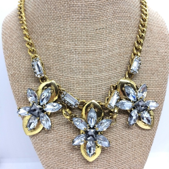 RHINESTONE GOLD TONE CRYSTALS STATEMENT NECKLACE FLOWER FLORAL COLLAR BLING - Picture 3 of 16